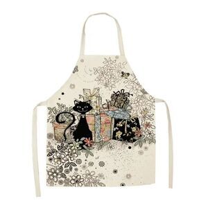 Kitchen or Housework Apron in Linen Printed with Cute Cat